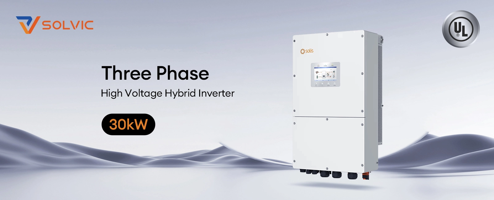 Solis S6-EH3P30K03-LV-YD-H-US 30kW three phase high voltage hybrid inverter poster – 60kW PV input, 150-800V battery, 200% oversizing, and 160% overload for commercial energy storage